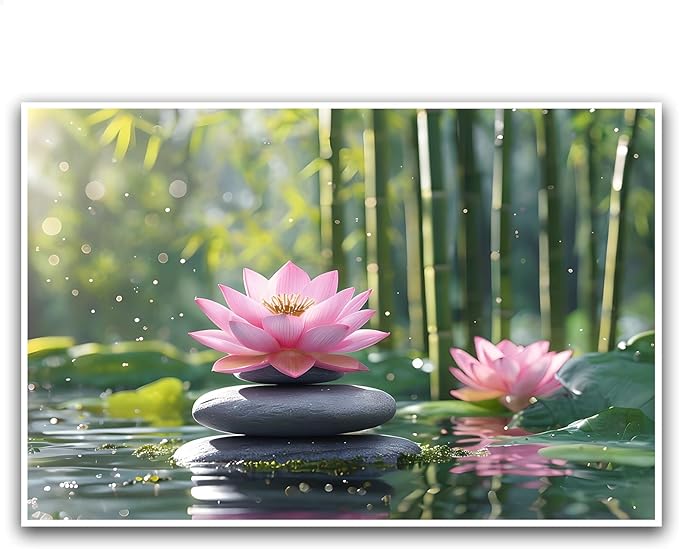 Ethereal pink lotus on obsidian Sunlit bamboo forest with sparkling water drops Poetic nature inspired wall art for tranquil homes and mindful spaces 24x36in Frameless