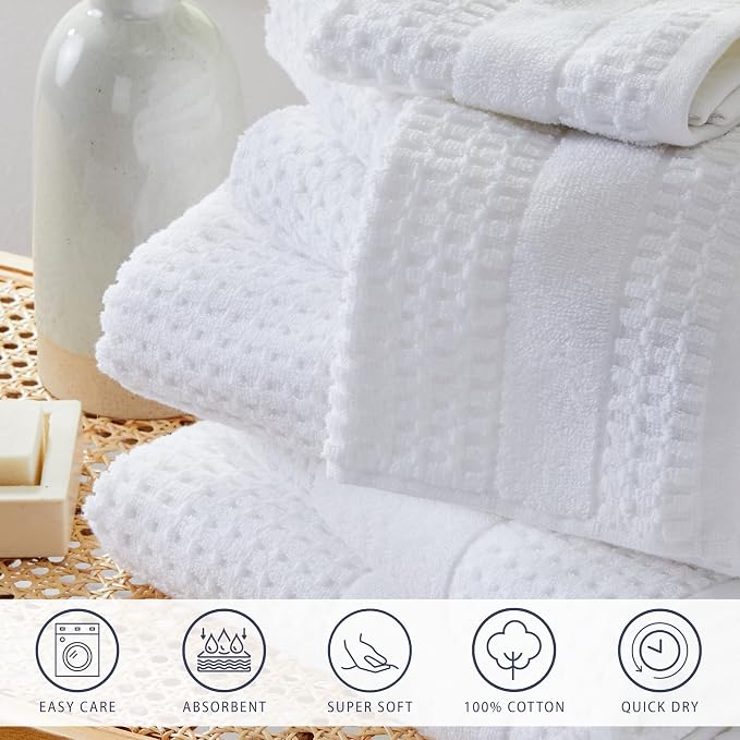 Market & Place 100% Cotton Super Soft Luxury Bath Towel Set | Quick-Dry and Highly Absorbent | Waffle Textured | 550 GSM | Includes 4 Bath Towels | Harper Collection (White)