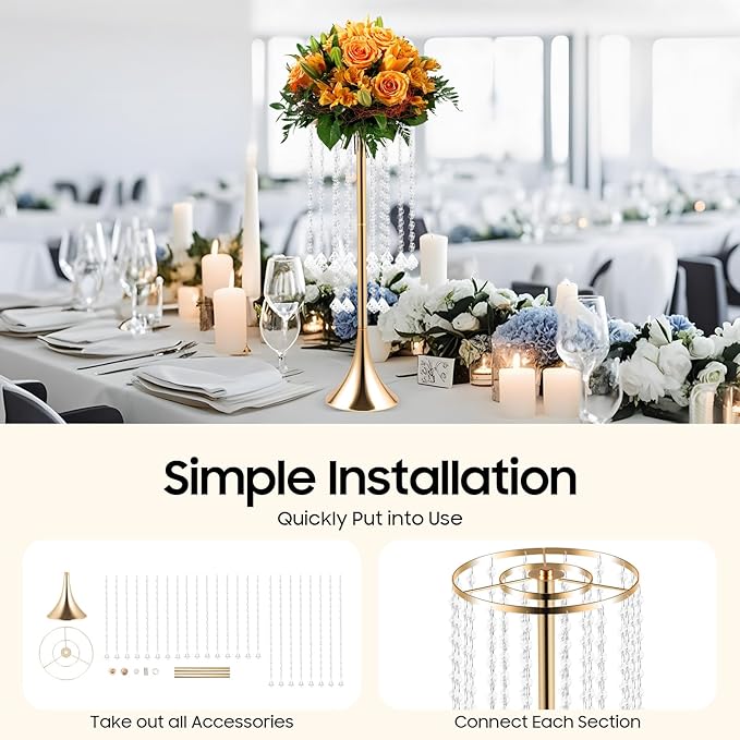 10 Pack Acrylic Crystal Flower Vases, Trumpet Shape Centerpiece with Hand-Strung Beads, Flower Stand Wedding Centerpieces on Floor for Wedding Aisle Decor, Event Centerpieces Decoration (Gold)