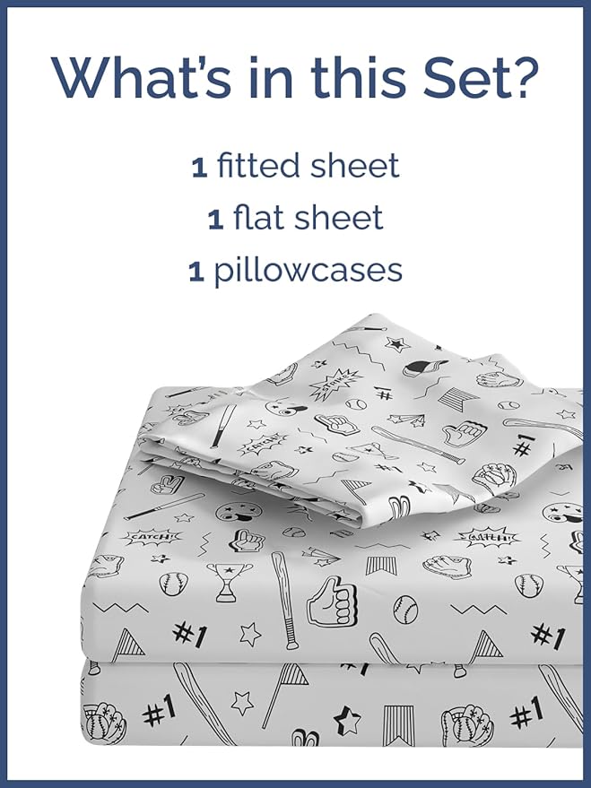 Kids Baseball Twin 3 Piece Sheet Set - Boys, Girls, Teens, Toddler - Easy Fit Deep Pockets - Breathable, Hotel Quality Bedding Sheets - Machine Washable - Wrinkle Free - Cute, Cozy, Soft - CGK Linens