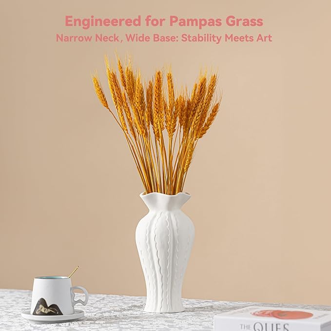 Sculptural Lily Vase - White Matte Ceramic with Ruffled Rim & Wave Texture, 10.2" Unique Flower Vase for Pampas Grass/Centerpieces, Decorative Vase for Living Room/Office, Ideal Gift for Art Lovers