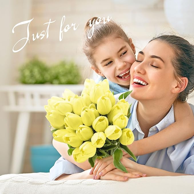 Janinka 100pcs Artificial Tulip Flowers Fake PU Tulips Faux Latex Bouquet Flower Centerpieces Arrangement Floral for Mother Day Wedding Spring Decorations (Light Yellow)