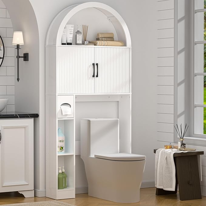 Spurgehom Over The Toilet Storage Cabinet, Bathroom Shelf Organizer Freestanding, Bathroom Arch Cabinet Over Toilet with Toilet Paper Holder and Anti-Tipping Device, White