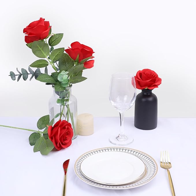 Artificial Rose Flower Artificial Flowers Flower with Long Stem Silk Roses Bouquet for Wedding Bridal Shower Party Home Decoration (Red, 50 Pcs)