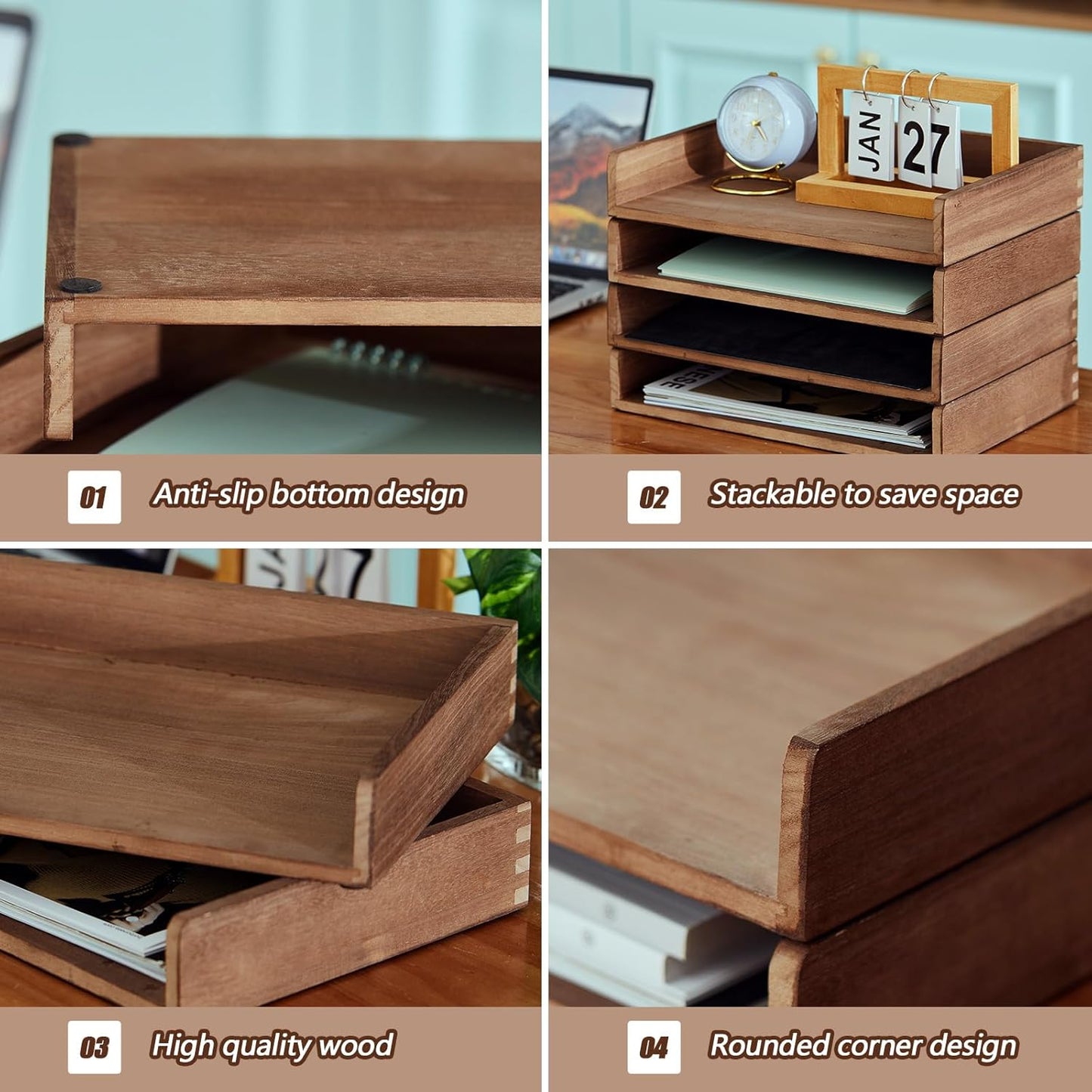 Yeaqee Stackable Paper Organizer Tray - Wood Desk Organizer for Letter Size Documents | Dark Wood Finish