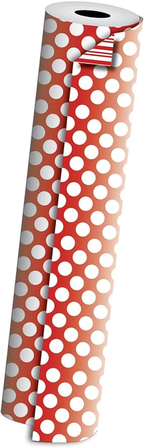 Jillson Roberts Bulk 1/4 Ream Double-Sided Reversible Gift Wrap Available in 12 Different Color Combinations, 30" x 208', Red and White Dots/Stripes