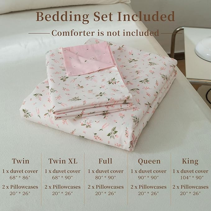 EAVD Vintage Style Garden Pink Floral Duvet Cover Queen 100% Cotton White Pink Botanical Bedding Set for Girls Women Chic Shabby Boho Botanical Floral Comforter Cover with Zipper Closure 4 Ties