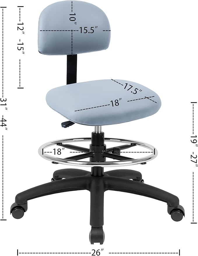 Chair Master FSS Series Square seat (19"-27") seat Height Chair. Vinyl-for Office, Garage, Desk, Shop, Computer, Doctor, Medical, Easy to Clean! 18" Footring (Gray, Mid Stool, Self Braking Casters)