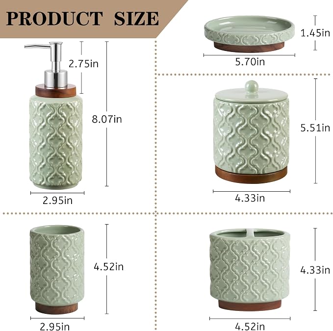 RQYIXI Elegant 5 PCS Ceramic&Wood Bathroom Accessories Set:Soap Dispenser,Toothbrush Holder,Tumbler,Soap Dish,Cotton Swab Jar,Easy to Clean,Quatrefoil Pattern,Green-Affordable Home Luxury