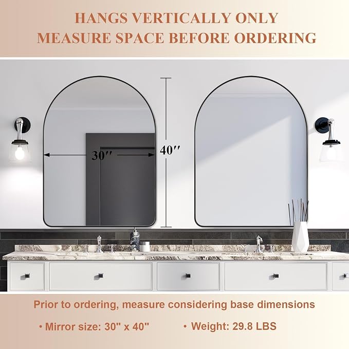 ANDY STAR 30x40 Inch Arched Wall Mirror, Stainless Steel Frame Metal Frame with Black Finish, Large Arch Mirror Perfect for Bathroom, Vanity, Living Room