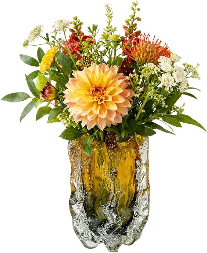 Blown Glass Bubble with Ruffled Edge Vase, Art Glass for Home Decor, Tall Vases for Centerpieces & Flowers, Crystal-Like for Bouquets & Pampas Grass, Vases Amber, Flower Bouquet Display (Yellow, S)