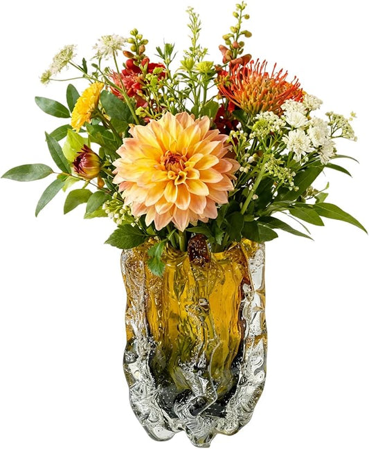 Blown Glass Bubble with Ruffled Edge Vase, Art Glass for Home Decor, Tall Vases for Centerpieces & Flowers, Crystal-Like for Bouquets & Pampas Grass, Vases Amber, Flower Bouquet Display (Yellow, S)