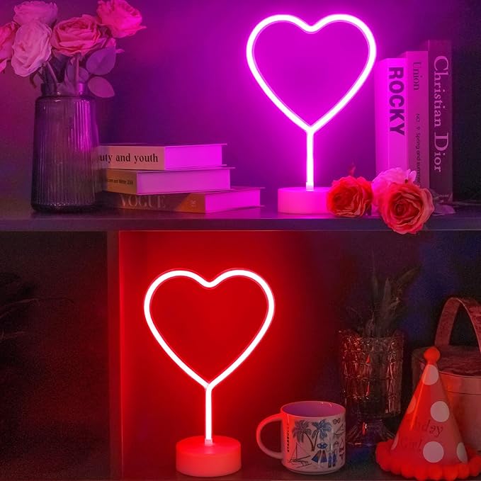 BHCLIGHT 1PK Pink & 1PK Red Heart Neon Sign, Valentines Day LED Neon Light Battery Operated or USB Powered Valentines Heart Lights, Table Lamp for Galentines Day Decorations, Gifts for Women, Lover.