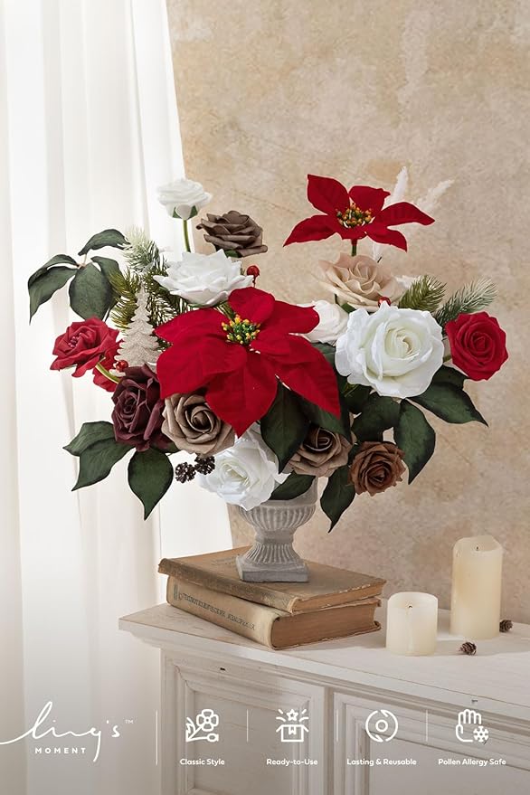 Ling's Moment Fake Flowers Box, Faux Artificial Greenery Stems Foam Roses Silk Leaves Fabic Flower for Centerpiece Bouquet Wedding Table Floral Vase Bridal Shower Party, Classic Christmas, Grand Combo