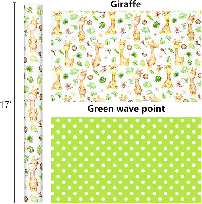Burymento Giraffe Wrapping Paper, Reversible Dot Design Gift Wrap for Baby Shower, Birthday, Valentines, Mothers day, Graduation, Wedding, Fathers day, Christmas (17 Inch X 32.8 Feet)