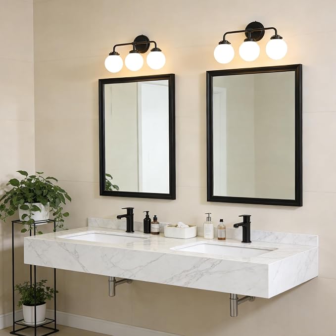 Bathroom Light Fixtures, 18.26'' Black Vanity Light, Modern 3 Lights Wall Sconce with Milky Glass Globe Shade, Mid-Century Bathroom Lighting Fixtures Over Mirror for Bathroom, Living Room