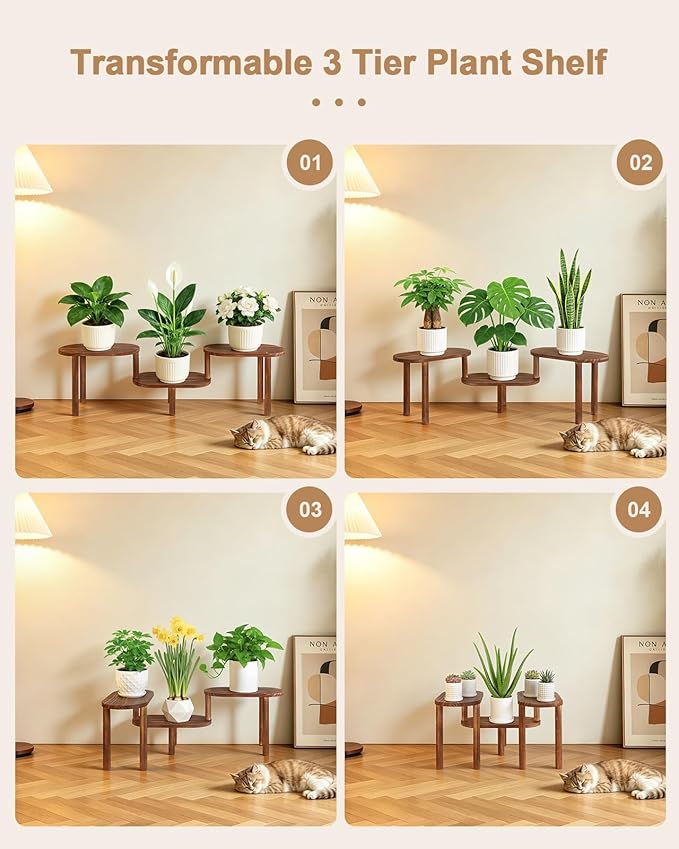 Concave Wooden Plant Shelf Indoor, 3 Tiers Deformable Oval Plant Stand, Heavy Duty Long Flower Pot Stand for Multiple Plants, Low Plant Holder for Patio Balcony Living Room Office