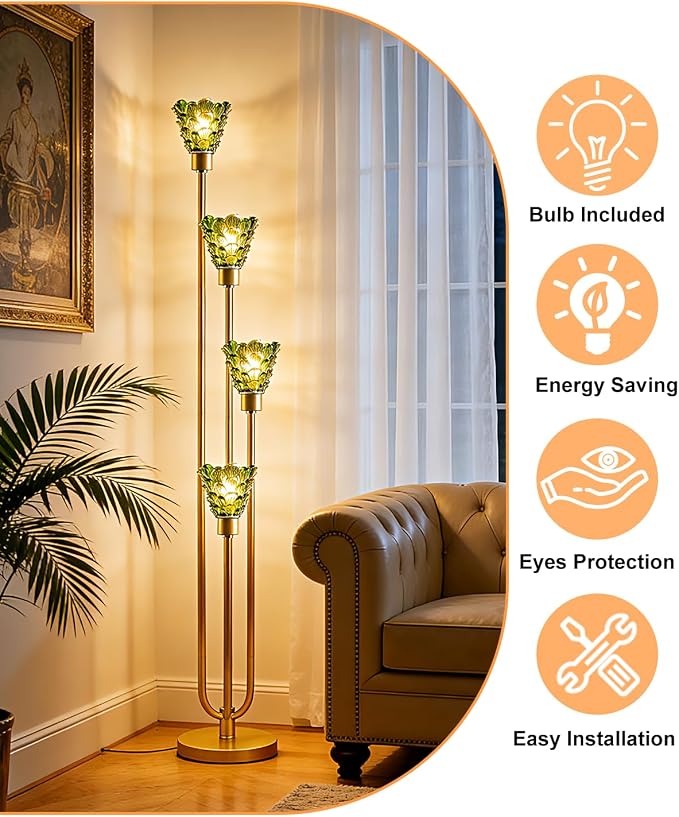 Lightdot Glass Floor Lamp Dimmable 4-Lights Gold with Green Glass Shade 3000K Bulbs Included Mid Century Modern Standing Tall Lamp with 5Lbs Heavy Base for Living Room/Bedroom/Sofa Beside/Corner Decor