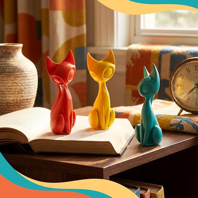 AceOrbit 3pcs Mid Century Modern Decor Medieval Table Decor Resin Cats Orange Blue and Yellow Resin Cats for Home Desktop Sculpture Office Table Desktop Bookshelf Mantelpiece Shelf Centerpiece