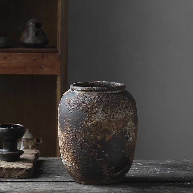 Denique Rustic Vase for Home Decor, Farmhouse Terracotta Vases, Large Ceramic Vase for Living Room Decor, Black Pottery Vase Large Clay Vase, Rustic Farmhouse Tabletop Decor(B-22cm)