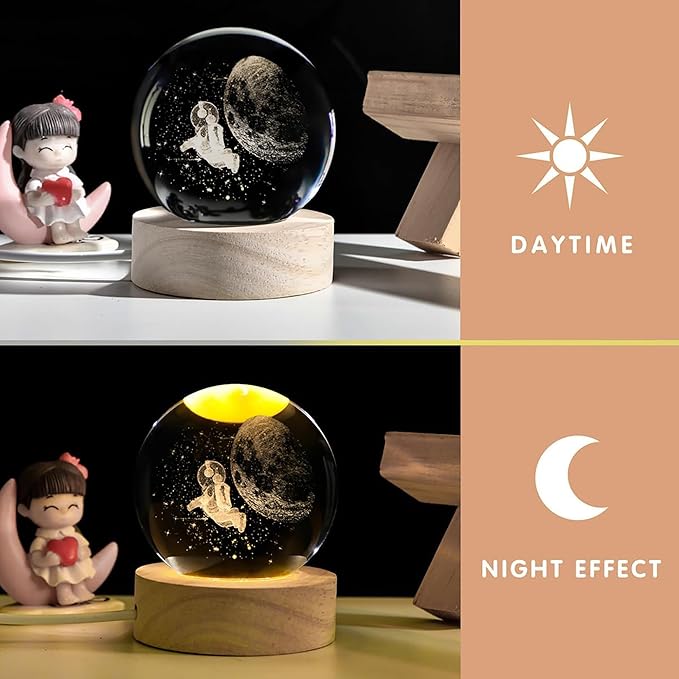 Astronaut Crystal Ball with LED Light Base, 60mm Glass Sphere Decorative Balls, Universe Space Galaxy Lamp Gifts