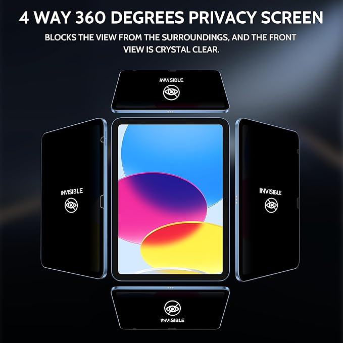 Peslv 360° Privacy Screen for iPad 10th 2022 10.9" & iPad 11th A16 2025 11", Anti Glare Blue Light Spy Filter Private Cover, High Sensitive Bubble-Free Easy Install Black Security Protector