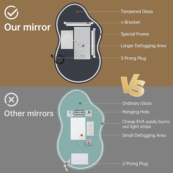 LOVESPEJO Irregular Backlit Mirror Bathroom 40x24 Inch, Asymmetrical Cloud LED Bathroom Mirror with Lights, Fogless, Dimmable, 3 Color Changing, Shatterproof,Horizontal/Vertical