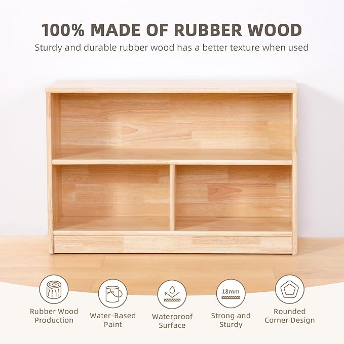 OOOK Rubber Wood 3-Compartment Wooden Storage Cabinet, 35.4" L, 2-Tier Toy Organizers and Storage, Montessori Shelf for Kids Room, Playroom, Nursery, Classroom, Kindergarten