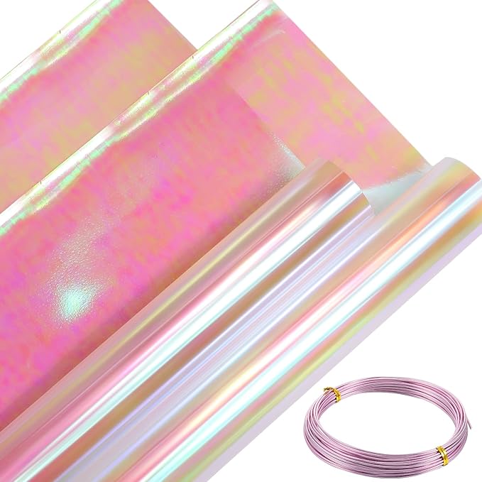 Marspark 39 x 138 Inch Iridescent Cellophane Wrap for Gift Baskets and 32.8 Feet Bendable Pink Aluminum Wire, Pink Iridescent Film Paper Holographic 11.5 Feet Wrapping Paper for DIY Crafts Treats