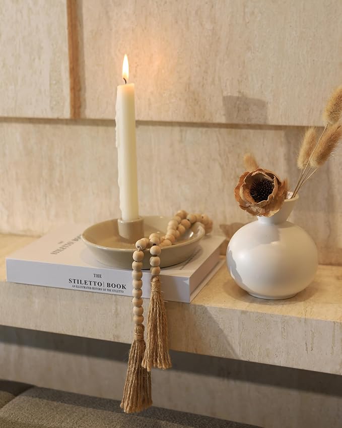 DN DECONATION Ceramic Candle Holder, Boho Candlestick Holder with Round Plate for Taper Candles, Unique Farmhouse Porcelain Candle Stick Holder for Meditation/Yoga Room Home Wedding Decor(Gray)