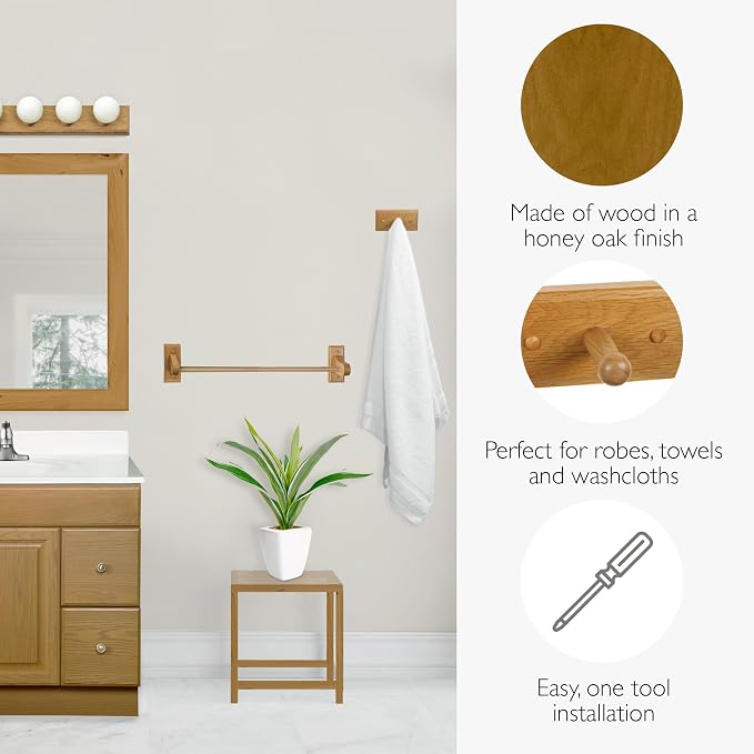 Dalton 4-Piece Bathroom Accessory Set, Honey Oak, Includes Towel Bar, Towel Ring, Toilet Paper Holder, and Robe Hook – Design House, 561258
