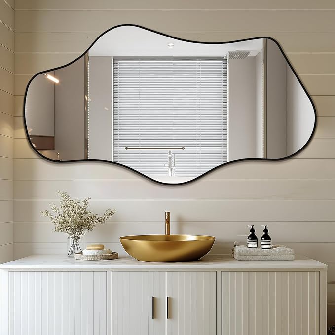 Mirrorons Irregular Wall Mirror 51×28, Black Asymmetrical Decorative Bathroom Mirror, Cloud Mirror, Modern Vanity Mirror, Shatterproof Black Mirror