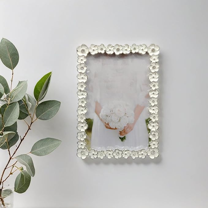 5X7 Wedding Picture Frame with Enamel Finis Glass Front - Ornate Antique White Flowers Photo Frame Tabletop/Wall Vintage Display Gifts for Women