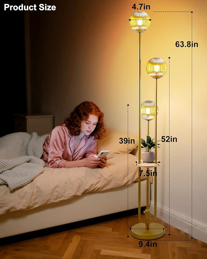Globe Glass Floor Lamp with Table, Gold Tall Standing Lamps Dimmable, 3000K Warmwhite Mid Century Modern Floor Lamp with 5Lbs Heavy Base for Living Room/Bedroom