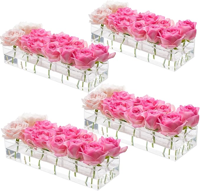 4Pcs Acrylic Flower Vase with 12Holes Clear Acrylic Modern Vases Rectangular Floral Centerpiece for Dining Table Low Decoration Vase for Christmas Party Decorations (Clear（4pcs Total 48‘’ 120cm）)