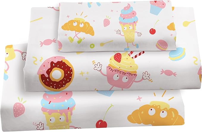 Viviland 3 Pieces Girls Cake Dessert Twin Sheet Set - Soft Microfiber Fitted Flat Sheets & Pillowcase - Kids Cute Ice Cream Donuts Print Bedding Sets - for Kids & Toddlers