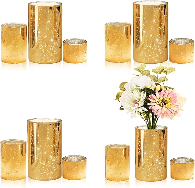 CHILL RECIPE Gold Cylinder Vases Glass Candle Holders Bulk, Mercury Hurricane Candle Holder Small Flower Vases for Centerpieces Tea Light Pillar Votive Candles Wedding Decor Party (4 Set 12Pcs)