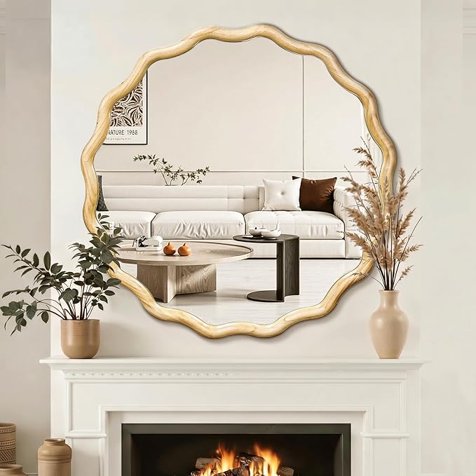 Circle Wood Mirrors for Wall, Wavy Round Bathroom Scalloped Mirror Wooden Frame 36 Inch for Living Room Farmhouse Bedroom Hallway Entryway Living Room with Shatterproof Glass Wall Mounted
