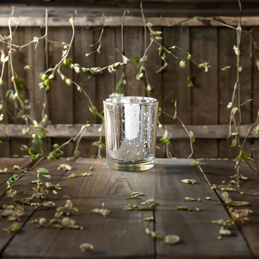 WGV Silver Speckled Tea Light Votive Candle Holder 2.2x2.75, Small Tiny Utility Cylinder Mercury Glass Vase, Home Accent Decor, 24 Pieces