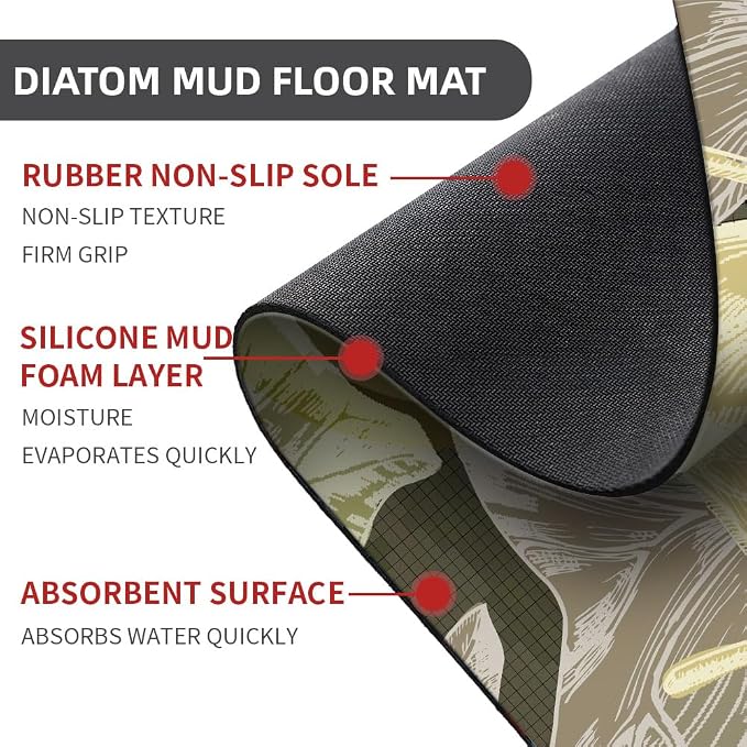 Diatomaceous Earth Bath Mat,Abstract Tropical Plant Non-Slip Volume Super Absorbent Fast Drying for Bathroom Kitchen Door mat,Eco-Friendly Easy to Clean 16×24Inch (40 * 60cm)