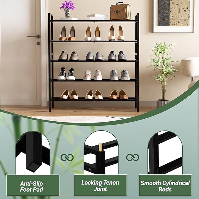 Haddockway Bamboo Shoe Rack for Closet, Free Standing Shoe Organizer with Smooth Round Rods & Convenient Handles, Stackable Shoe Storage Shelf for Entryway, Hallway(Black, 5-Tier)