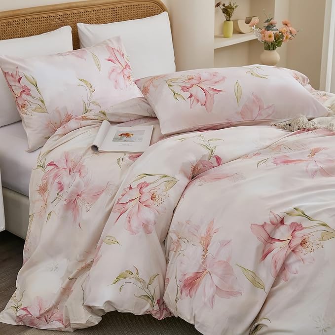 100% Cotton Duvet Cover King Size – Elegant Blush Lily Pink Floral Duvet Cover Set with Zipper Closure, 3-Piece Soft Breathable Natural Cotton Bedding Set for All Seasons