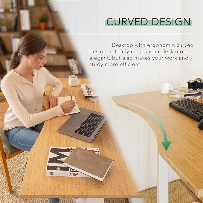 FLEXISPOT E6 Pro Oval Leg Dual Motor 3 Stages Bamboo Electric Standing Desk 72x30 Inch Whole-Piece Board Height Adjustable Electric Sit Stand Up Desk (White Frame + Bamboo Curved Desktop)
