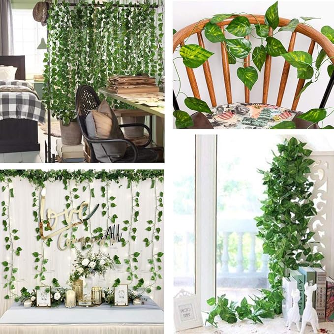 84 feet Artificial Vines Greenery Garland Fake Hanging Leaves Faux Foliage Plants for Wedding Party Garden Home Kitchen Office Wall Decorations (Scindapsus/12 Strands)