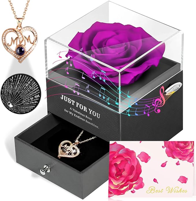 ADDWel Rose Gifts for Mom from Daughter and Son - Real Preserved Rose with Mothers Day Necklace, Meaningful You are My Sunshine Music Box for Women, I Love You Mom Gifts for Birthday or Mother's Day