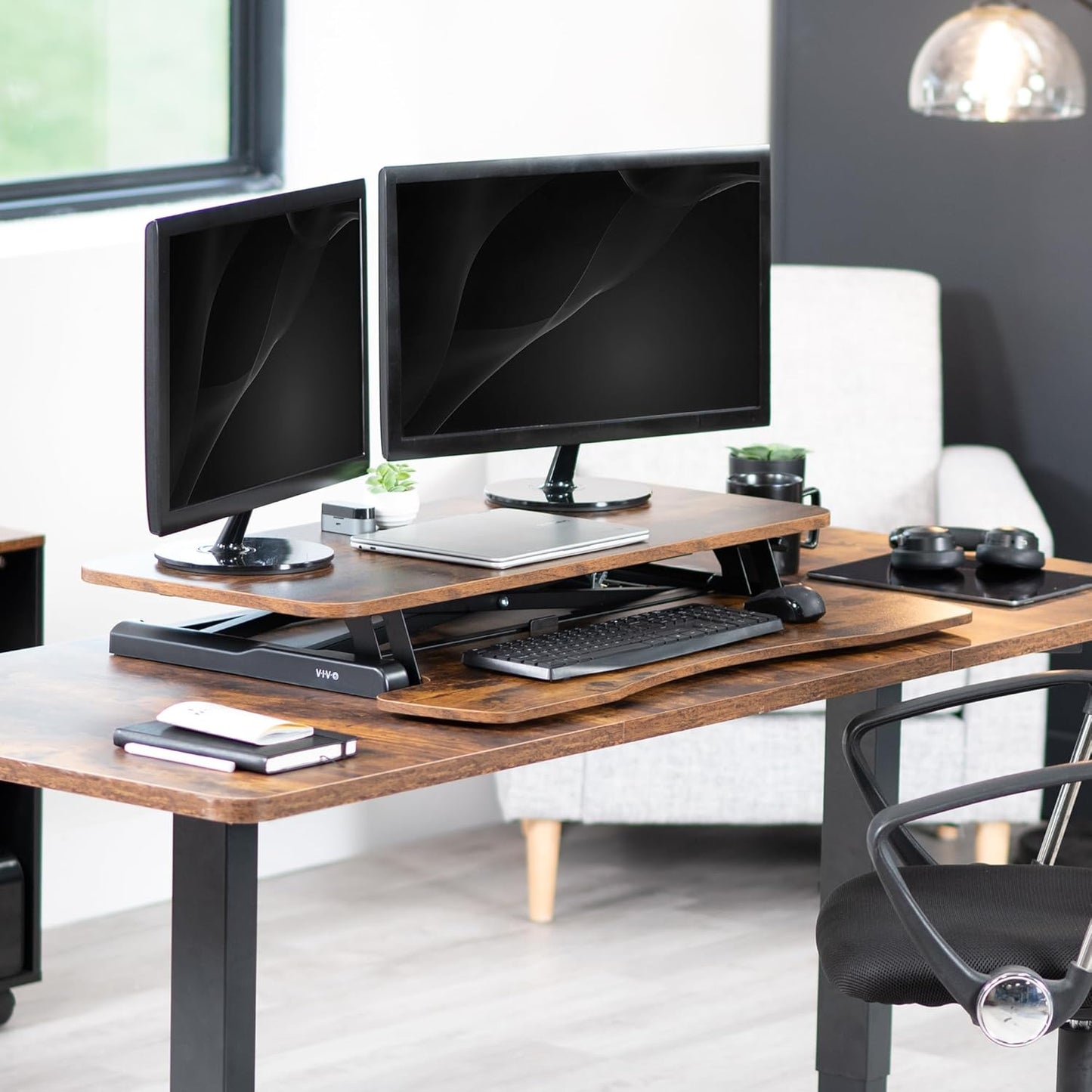 VIVO Height Adjustable Desk Converter - 36 Inch Sit to Stand Riser for Dual Monitors | Rustic Brown Top, Black Frame