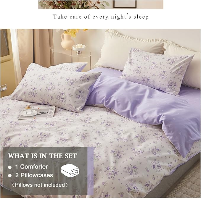 VM VOUGEMARKET Purple Floral Comforter Set Twin Size,Vintage Lavender Flower Comforter with 2 Pillowcases Down Alternative Comforter Set (3Pcs,Twin XL)