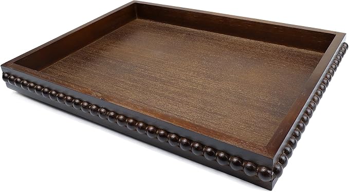 Hrastany Wood Decorative Tray, Distressed Outdoor Serving Tray with Wooden Bead for Ottoman, Coffee Table, Entertaining, Home Decor, Rectangular 15.7”*11.8”*1.57” (Dark Brown)