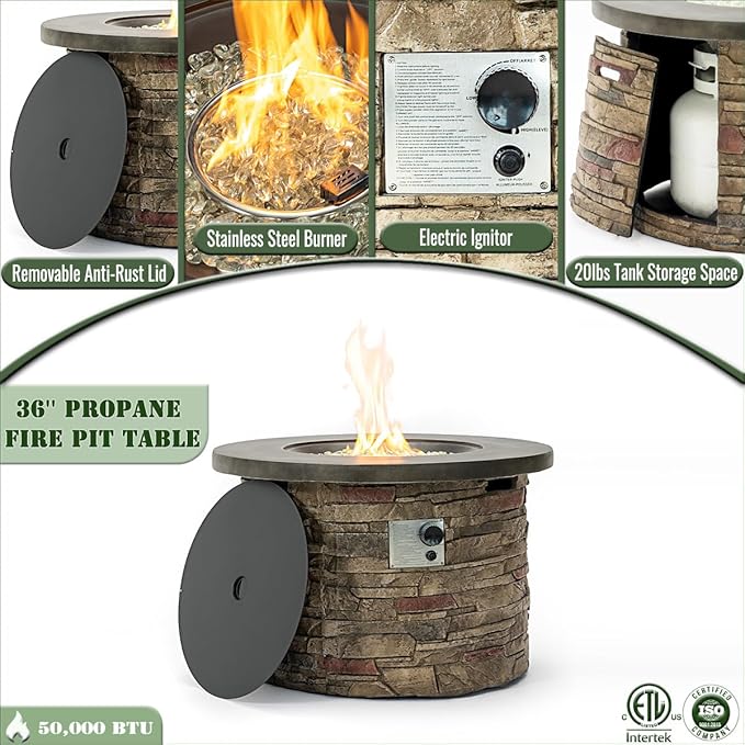 36-Inch Round Outdoor Fire Pit Table, Light Grey Stone Concrete, Modern Contemporary Style with Hidden Tank Storage (Light Grey, One Size)