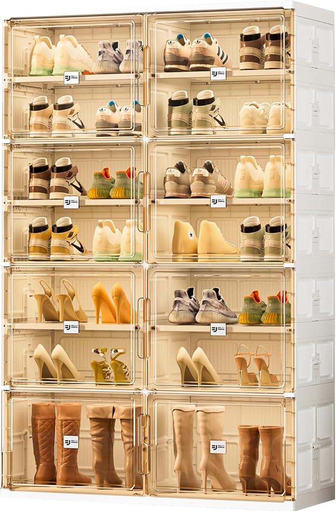 wesimple 28 Pairs Shoes and Boots Storage Cabinet of 3-Step Fast Installation,Plastic Shoe Box with Clear Magnetic Door for Display, Shoe Organizer for Sneaker, Sandals, Heels (2 Row, 7 Tier)